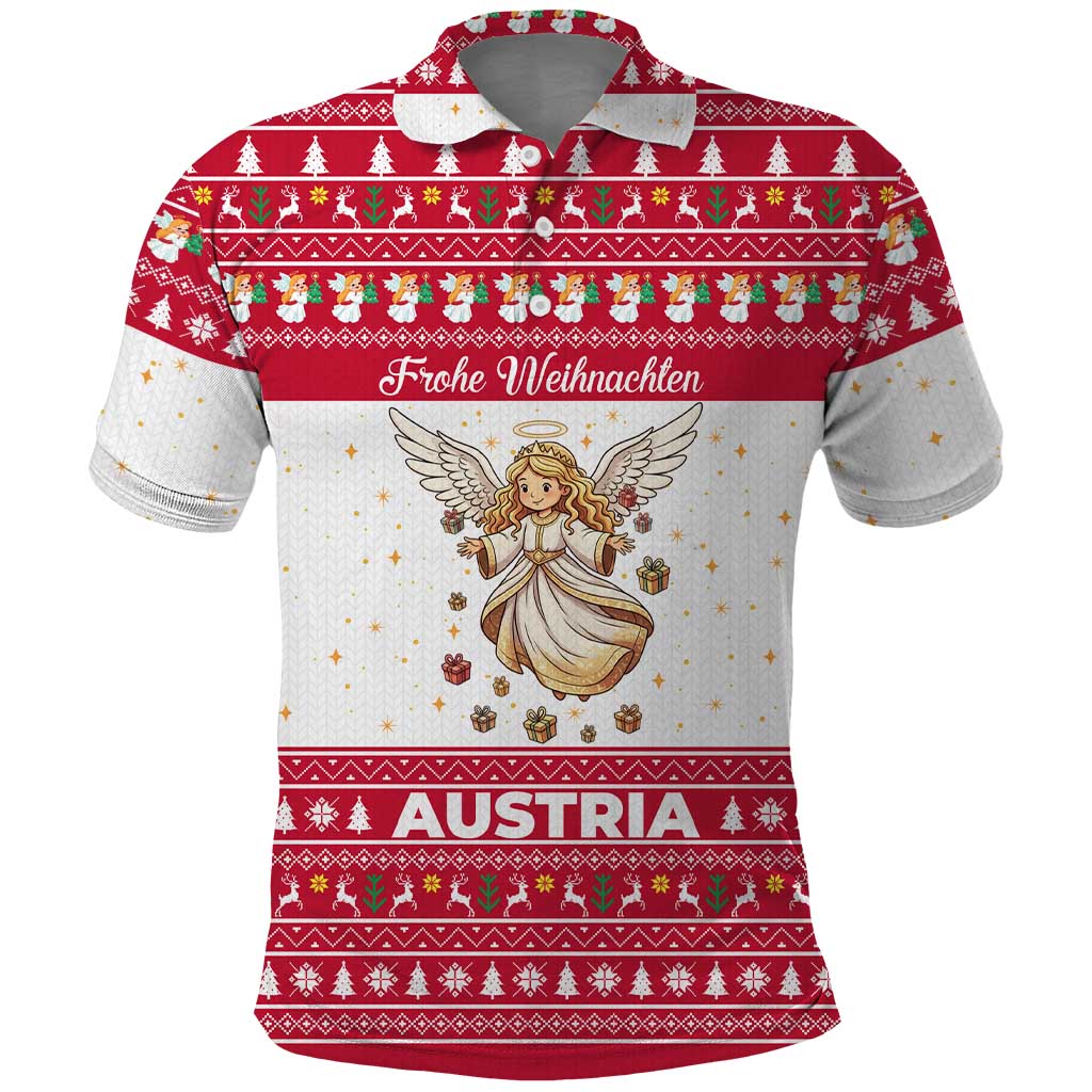 Austria Christmas Polo Shirt with Frohe Weihnachten Angel Design and Red White Holiday - Wonder Print Shop