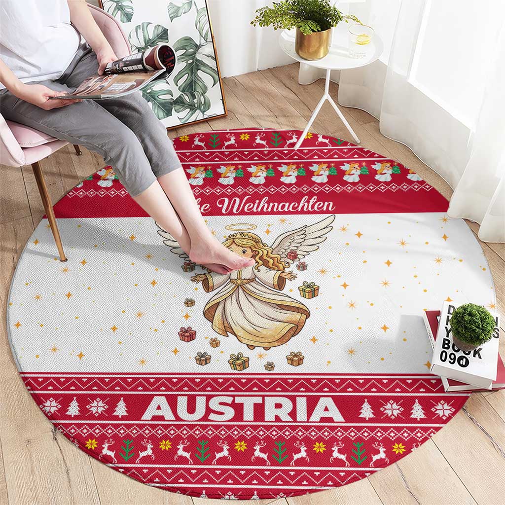 Austria Christmas Round Carpet with Frohe Weihnachten Angel Design and Red White Holiday - Wonder Print Shop