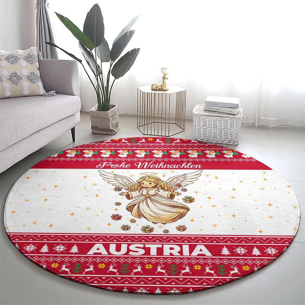 Austria Christmas Round Carpet with Frohe Weihnachten Angel Design and Red White Holiday - Wonder Print Shop
