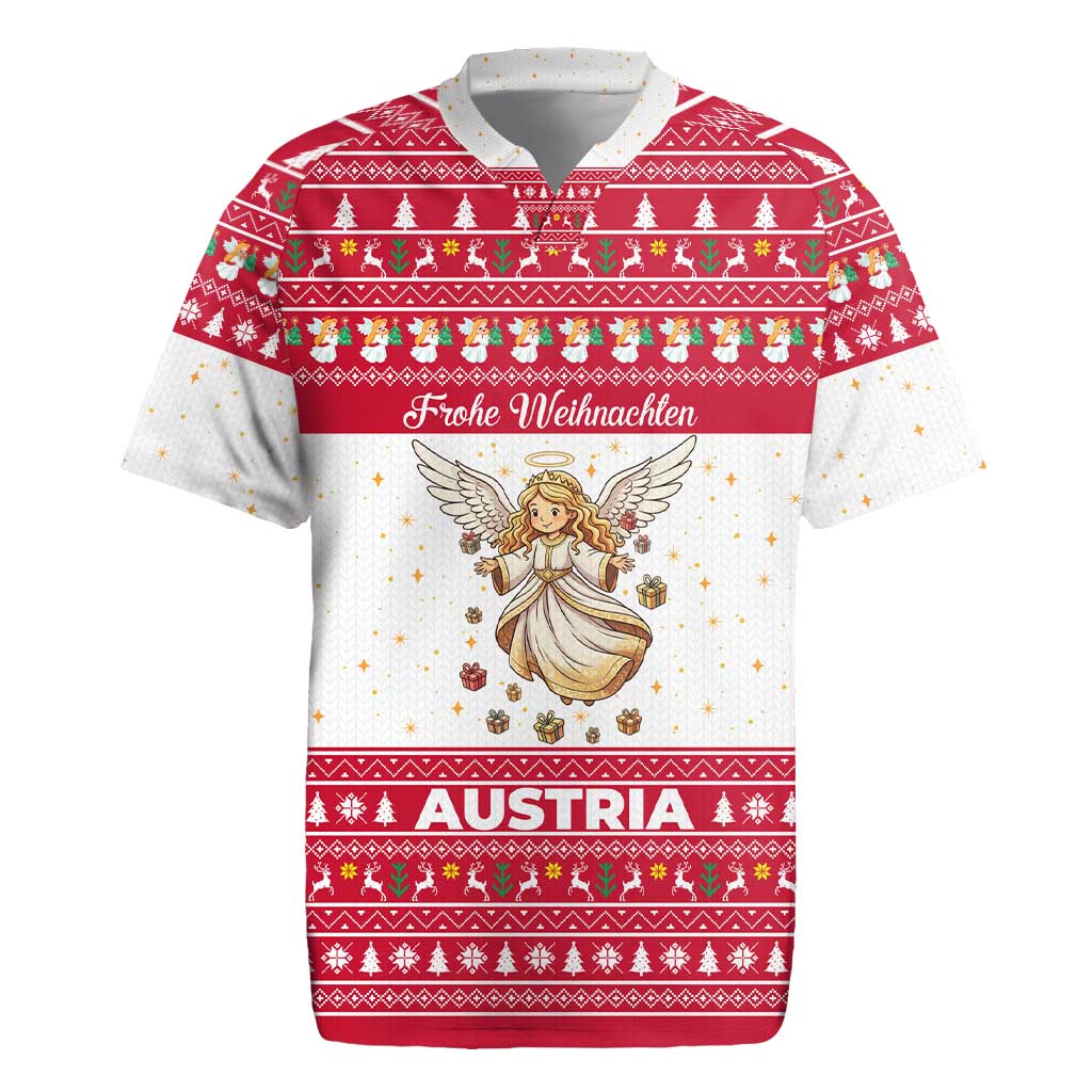 Austria Christmas Rugby Jersey with Frohe Weihnachten Angel Design and Red White Holiday - Wonder Print Shop