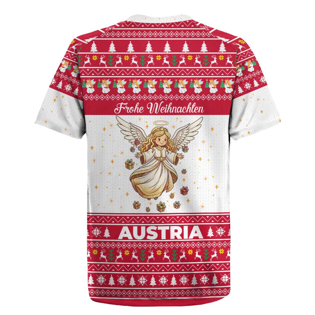 Austria Christmas Rugby Jersey with Frohe Weihnachten Angel Design and Red White Holiday - Wonder Print Shop