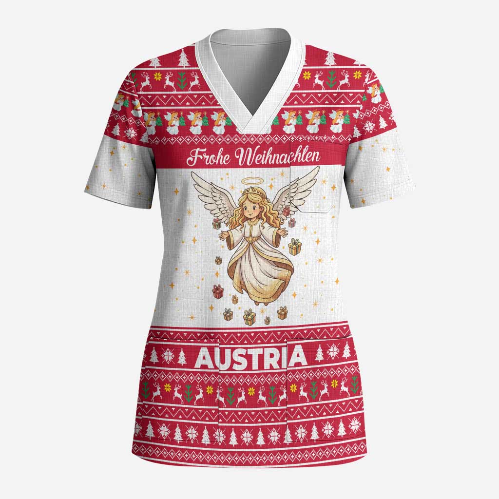 Austria Christmas Scrub Top with Frohe Weihnachten Angel Design and Red White Holiday - Wonder Print Shop