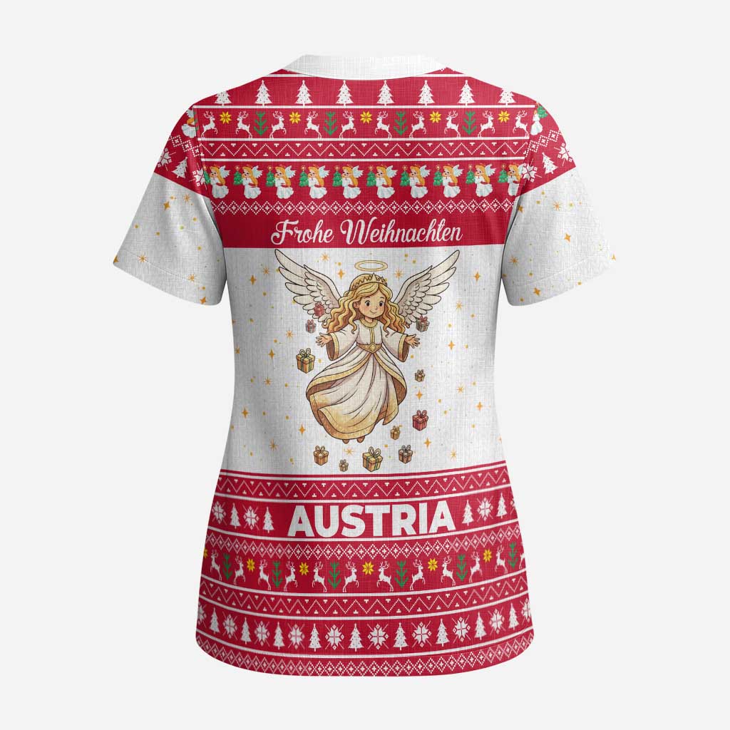 Austria Christmas Scrub Top with Frohe Weihnachten Angel Design and Red White Holiday - Wonder Print Shop