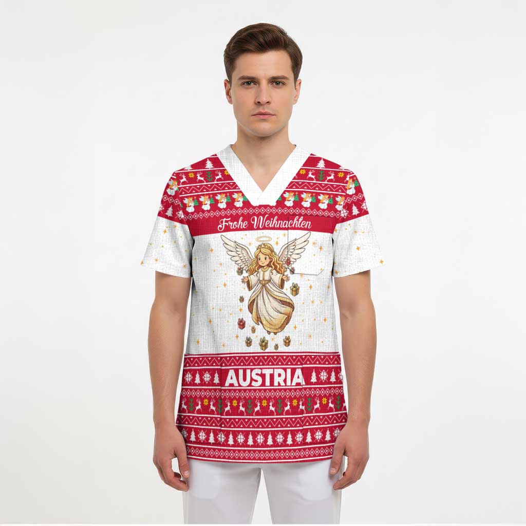 Austria Christmas Scrub Top with Frohe Weihnachten Angel Design and Red White Holiday - Wonder Print Shop