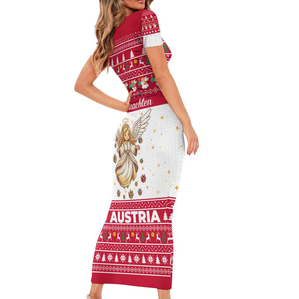 Austria Christmas Short Sleeve Bodycon Dress with Frohe Weihnachten Angel Design and Red White Holiday - Wonder Print Shop