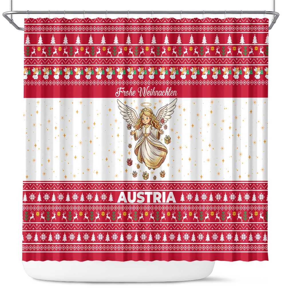 Austria Christmas Shower Curtain with Frohe Weihnachten Angel Design and Red White Holiday - Wonder Print Shop