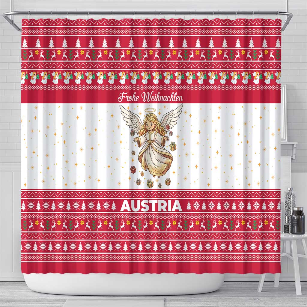 Austria Christmas Shower Curtain with Frohe Weihnachten Angel Design and Red White Holiday - Wonder Print Shop