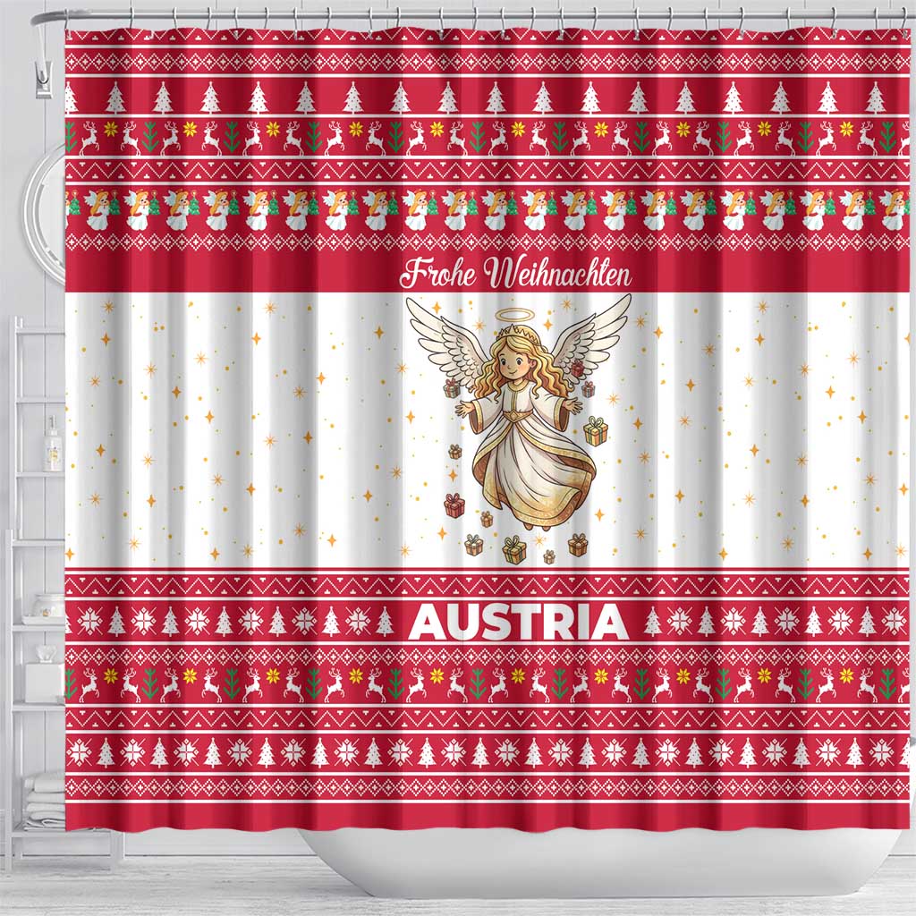 Austria Christmas Shower Curtain with Frohe Weihnachten Angel Design and Red White Holiday - Wonder Print Shop