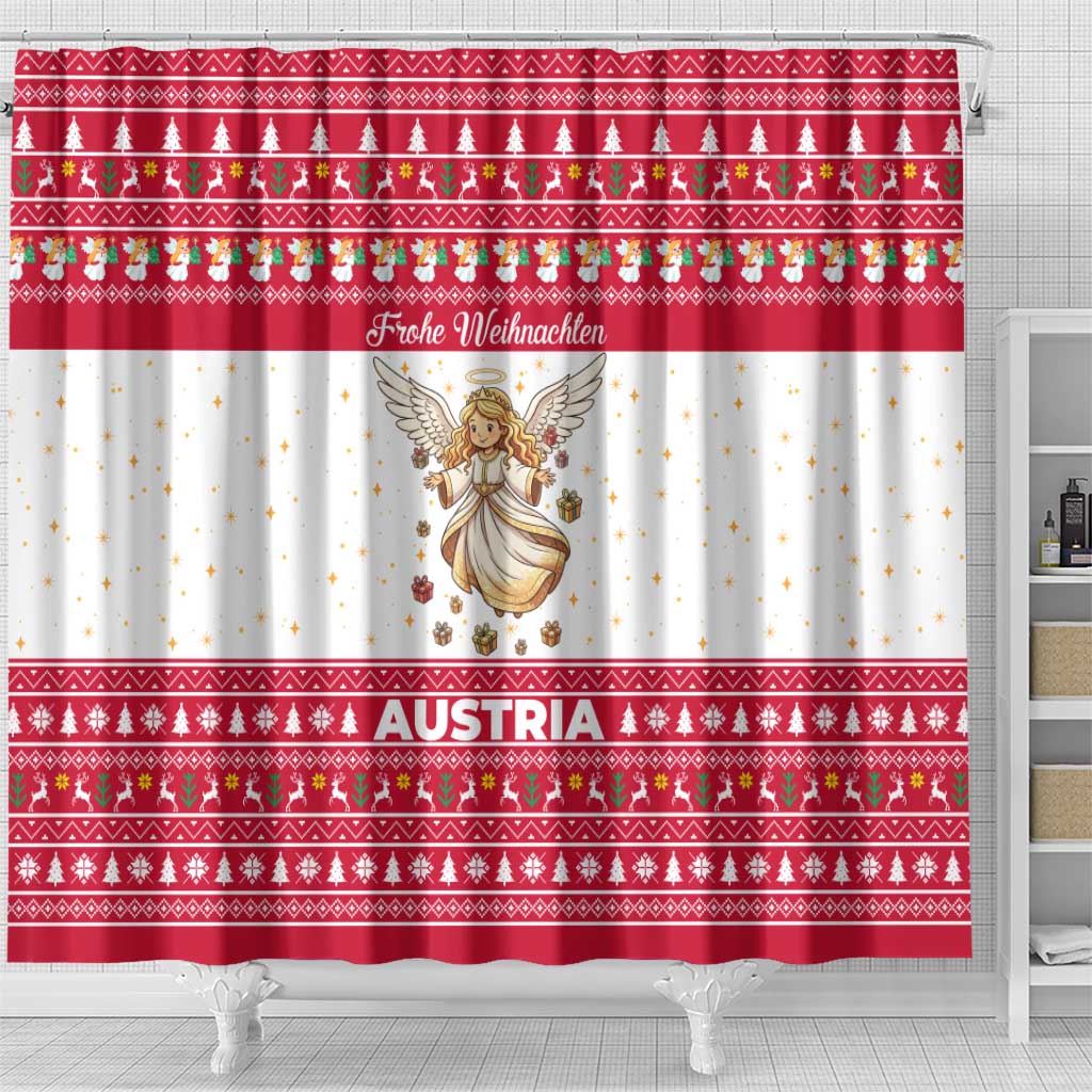 Austria Christmas Shower Curtain with Frohe Weihnachten Angel Design and Red White Holiday - Wonder Print Shop