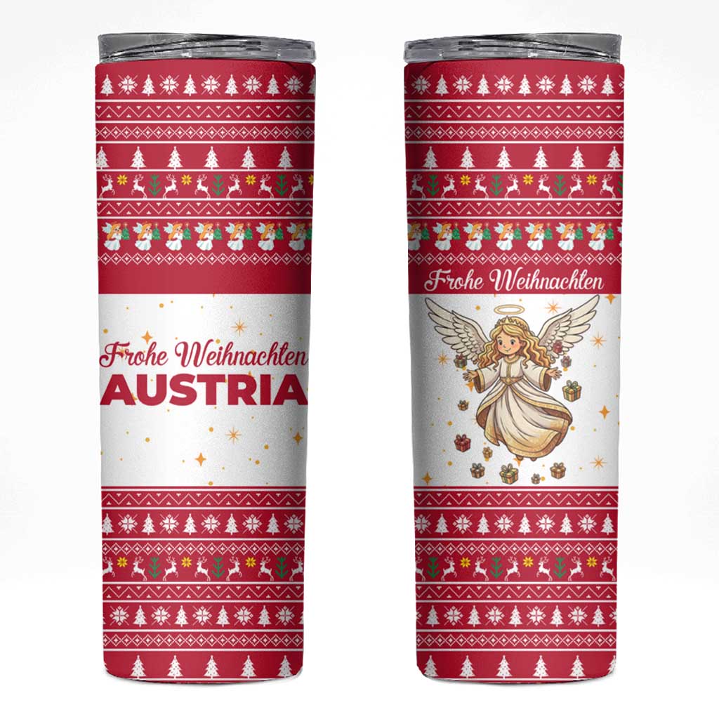 Austria Christmas Skinny Tumbler with Frohe Weihnachten Angel Design and Red White Holiday - Wonder Print Shop