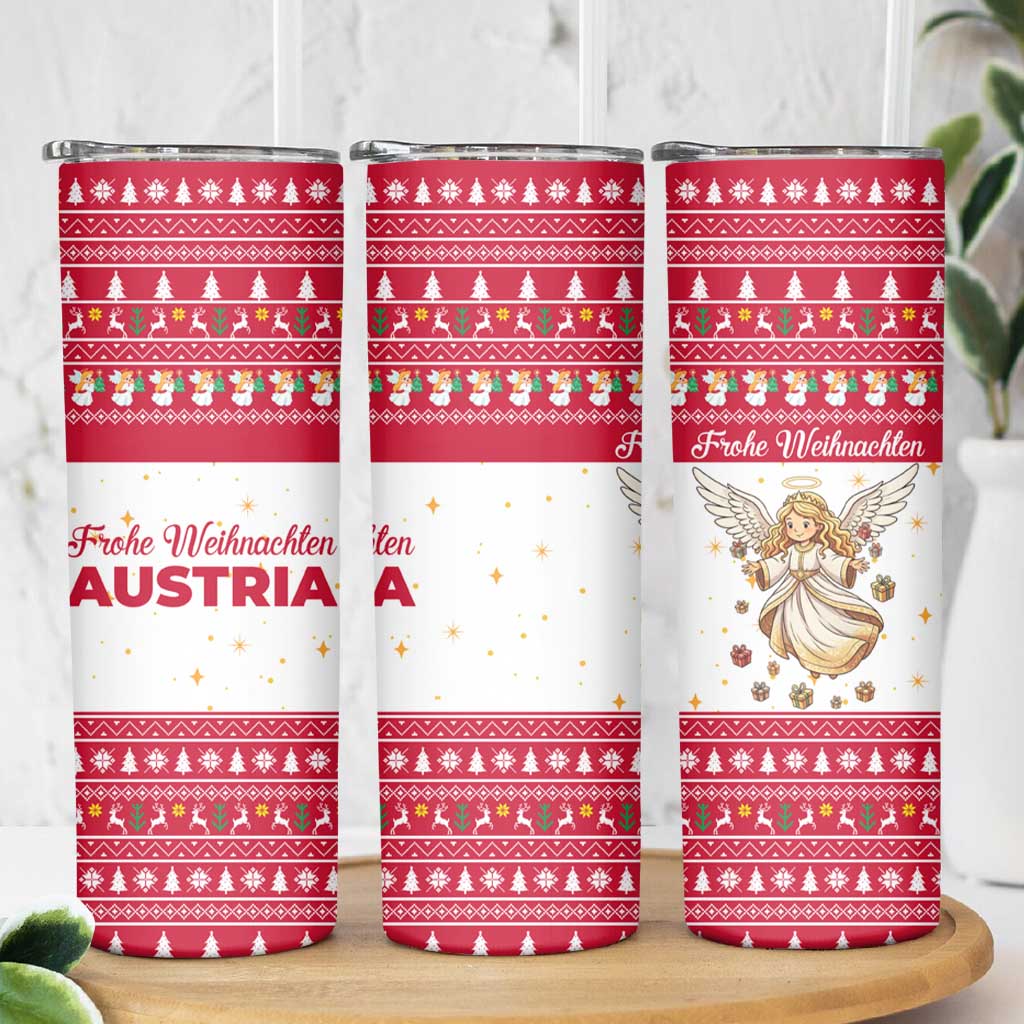 Austria Christmas Skinny Tumbler with Frohe Weihnachten Angel Design and Red White Holiday - Wonder Print Shop