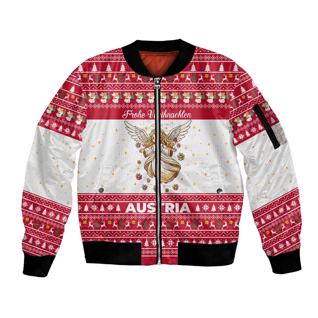 Austria Christmas Sleeve Zip Bomber Jacket with Frohe Weihnachten Angel Design and Red White Holiday - Wonder Print Shop