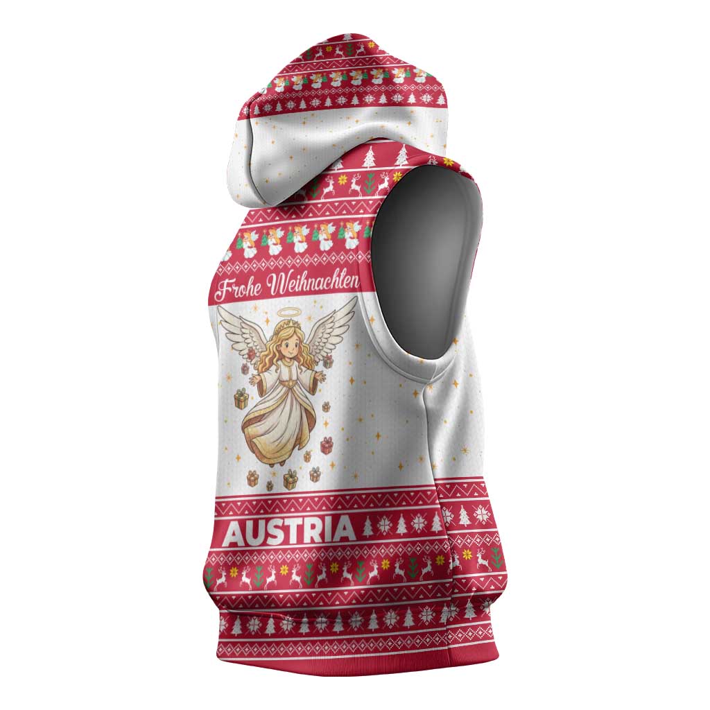 Austria Christmas Sleeveless Hoodie with Frohe Weihnachten Angel Design and Red White Holiday - Wonder Print Shop