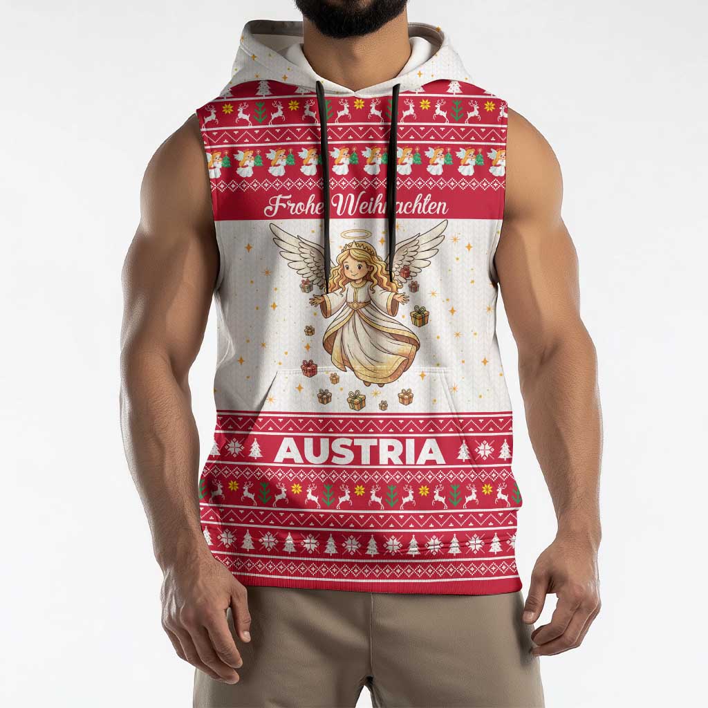 Austria Christmas Sleeveless Hoodie with Frohe Weihnachten Angel Design and Red White Holiday - Wonder Print Shop