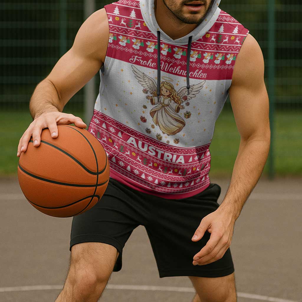 Austria Christmas Sleeveless Hoodie with Frohe Weihnachten Angel Design and Red White Holiday - Wonder Print Shop