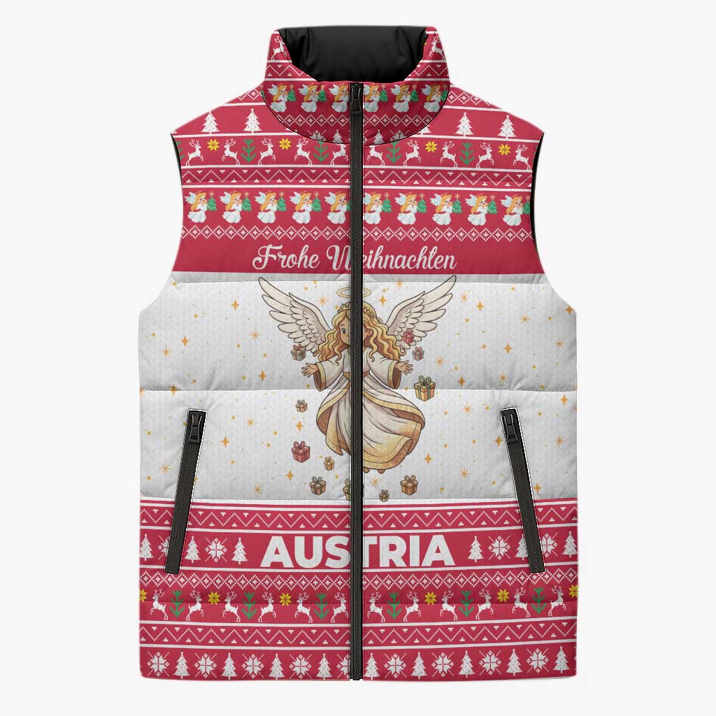 Austria Christmas Sleeveless Puffer Jacket with Frohe Weihnachten Angel Design and Red White Holiday - Wonder Print Shop