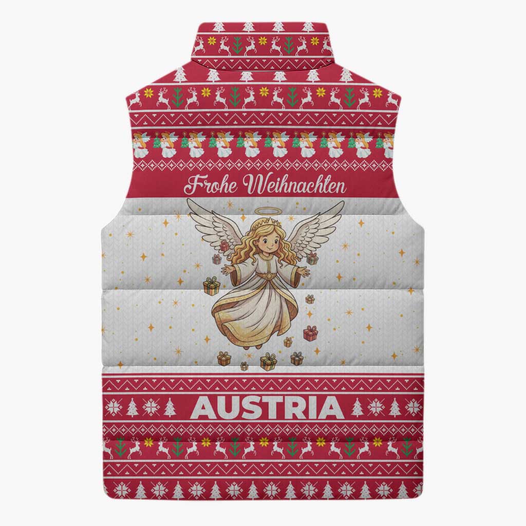 Austria Christmas Sleeveless Puffer Jacket with Frohe Weihnachten Angel Design and Red White Holiday - Wonder Print Shop