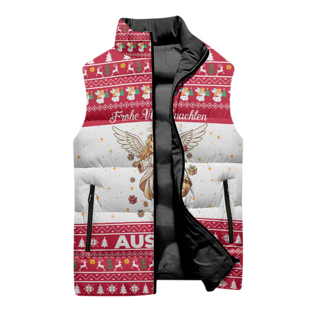 Austria Christmas Sleeveless Puffer Jacket with Frohe Weihnachten Angel Design and Red White Holiday - Wonder Print Shop