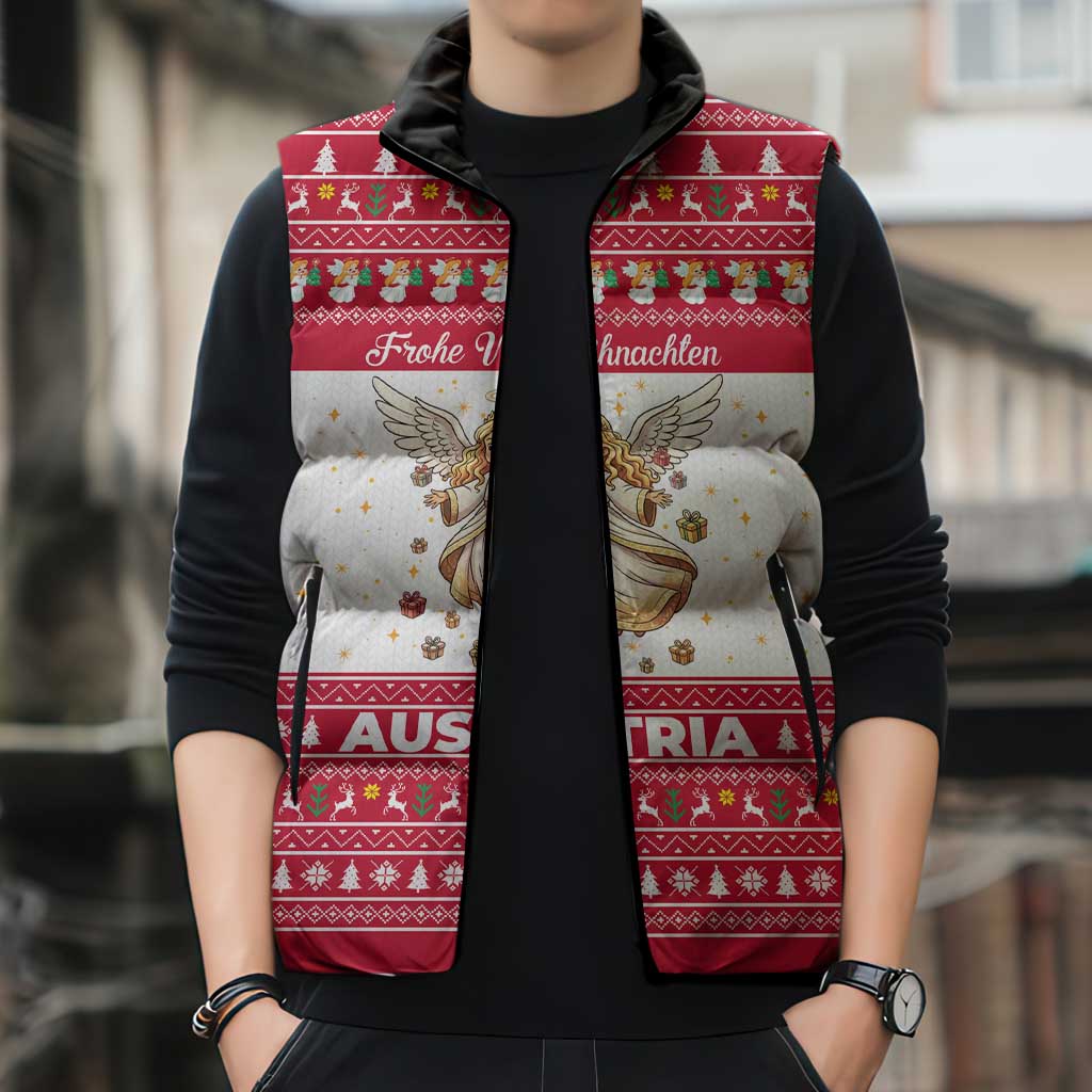 Austria Christmas Sleeveless Puffer Jacket with Frohe Weihnachten Angel Design and Red White Holiday - Wonder Print Shop