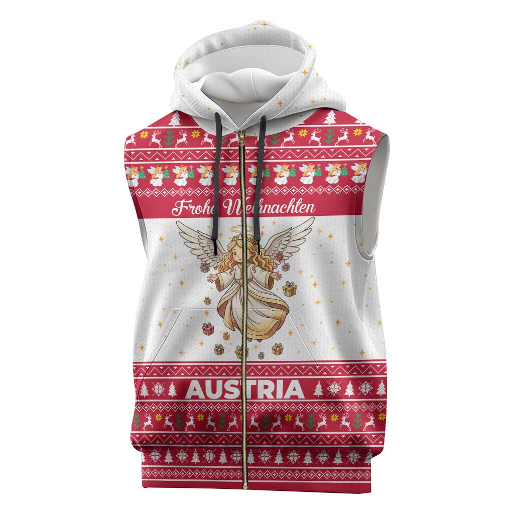 Austria Christmas Sleeveless Zip Hoodie with Frohe Weihnachten Angel Design and Red White Holiday - Wonder Print Shop