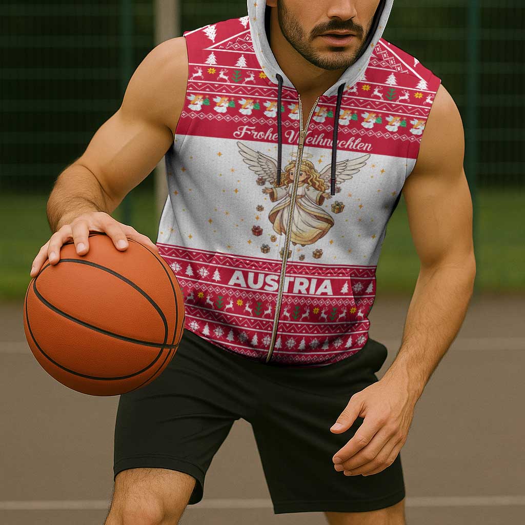 Austria Christmas Sleeveless Zip Hoodie with Frohe Weihnachten Angel Design and Red White Holiday - Wonder Print Shop