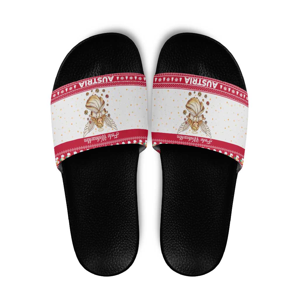 Austria Christmas Slide Sandals with Frohe Weihnachten Angel Design and Red White Holiday - Wonder Print Shop