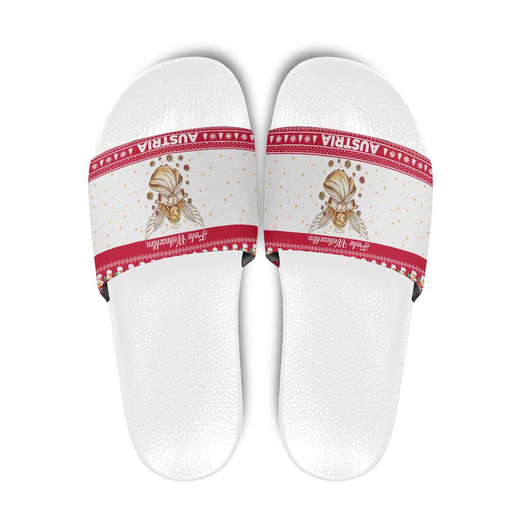 Austria Christmas Slide Sandals with Frohe Weihnachten Angel Design and Red White Holiday - Wonder Print Shop