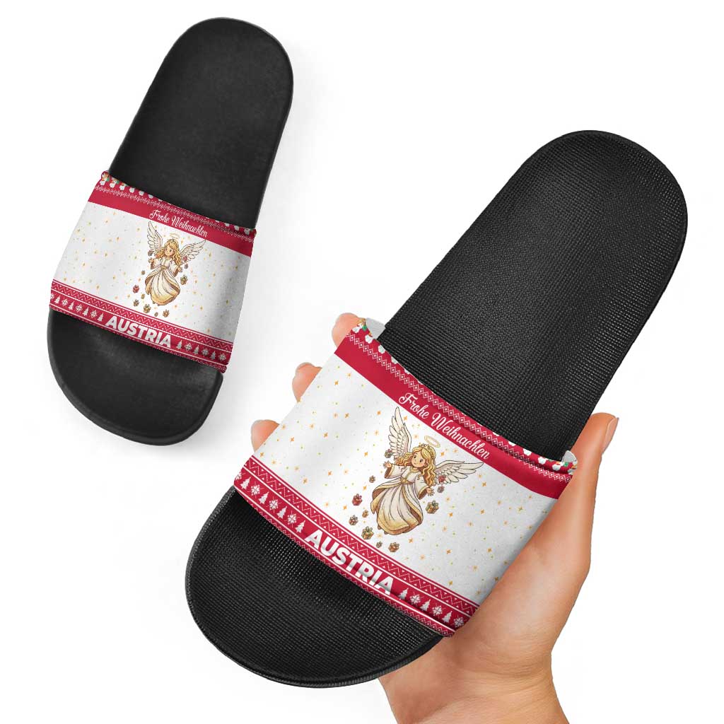 Austria Christmas Slide Sandals with Frohe Weihnachten Angel Design and Red White Holiday - Wonder Print Shop