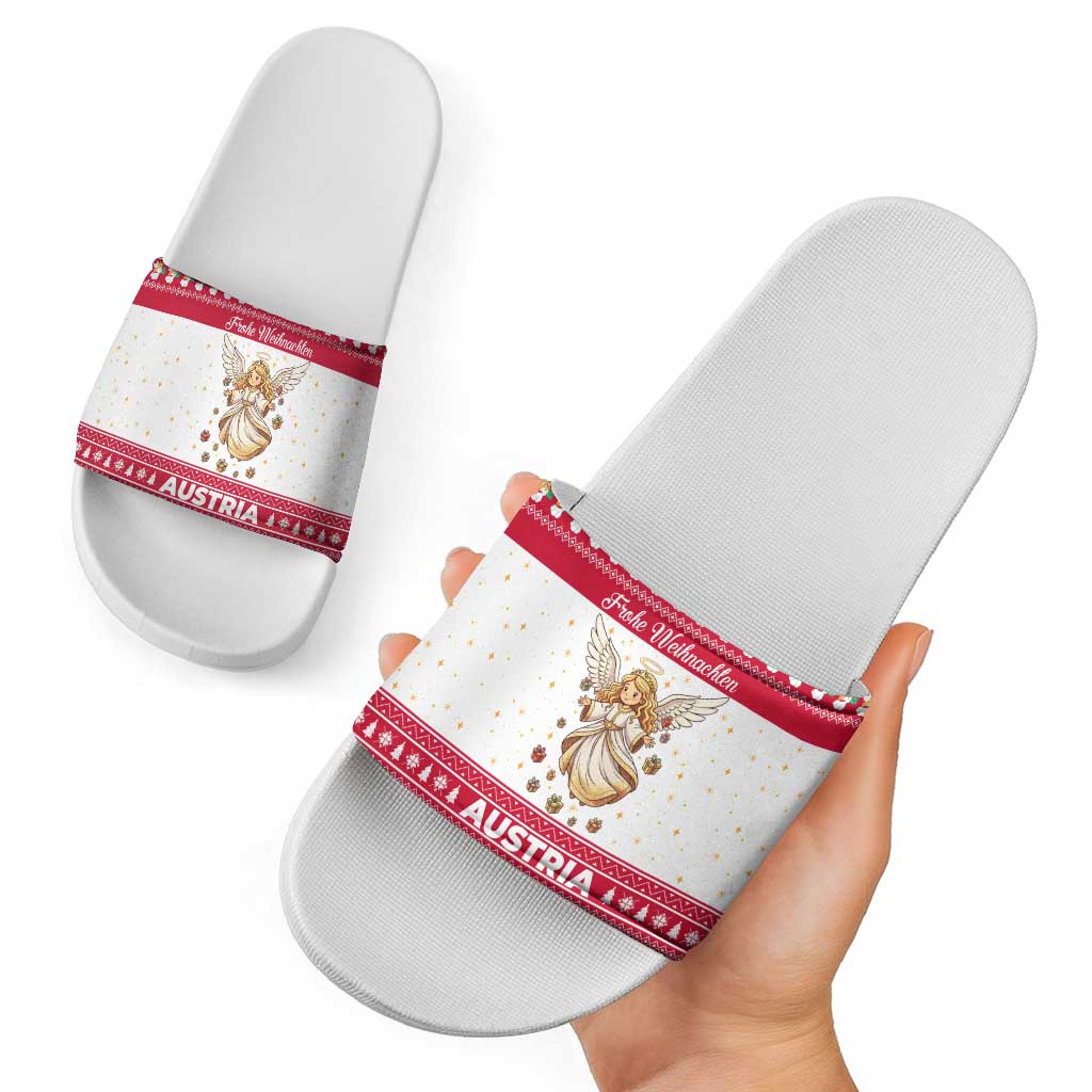 Austria Christmas Slide Sandals with Frohe Weihnachten Angel Design and Red White Holiday - Wonder Print Shop