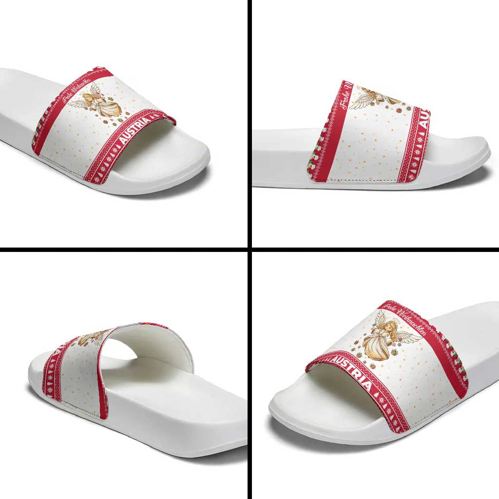Austria Christmas Slide Sandals with Frohe Weihnachten Angel Design and Red White Holiday - Wonder Print Shop