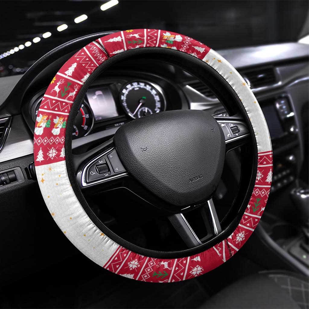 Austria Christmas Steering Wheel Cover with Frohe Weihnachten Angel Design and Red White Holiday - Wonder Print Shop