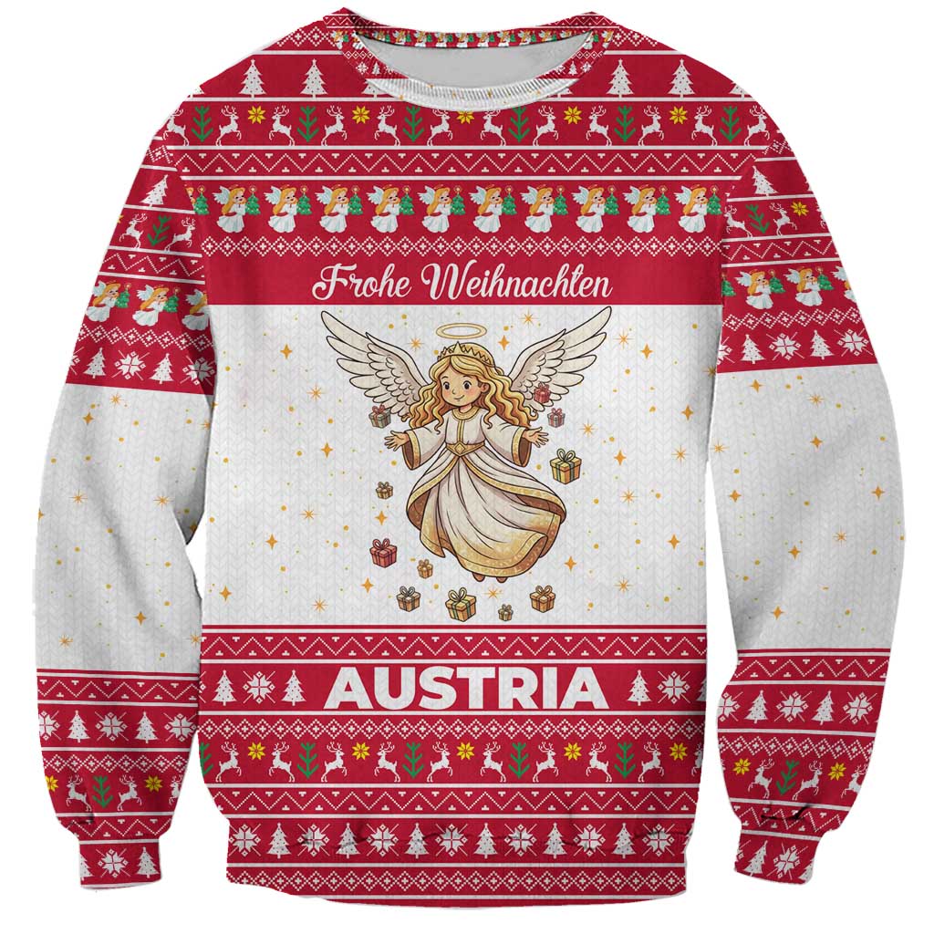 Austria Christmas Sweatshirt with Frohe Weihnachten Angel Design and Red White Holiday - Wonder Print Shop
