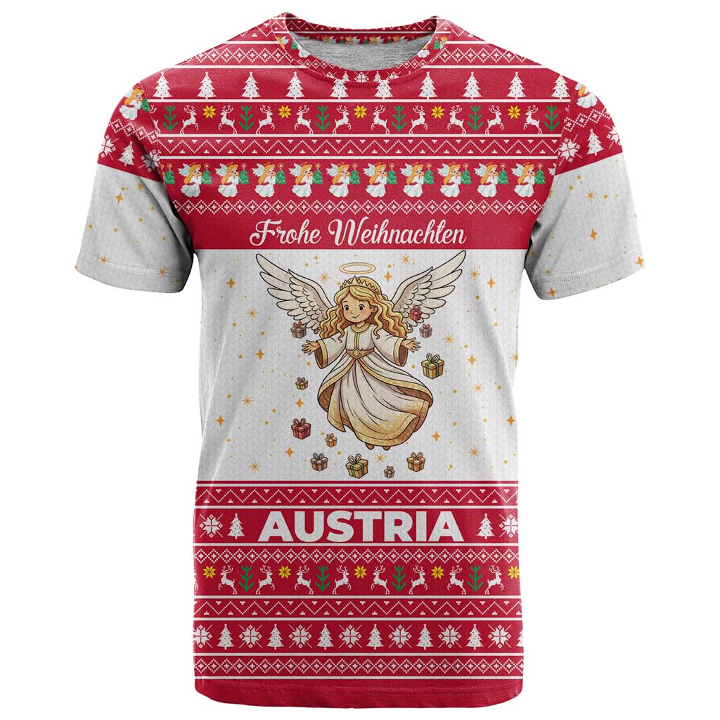 Austria Christmas T Shirt with Frohe Weihnachten Angel Design and Red White Holiday - Wonder Print Shop