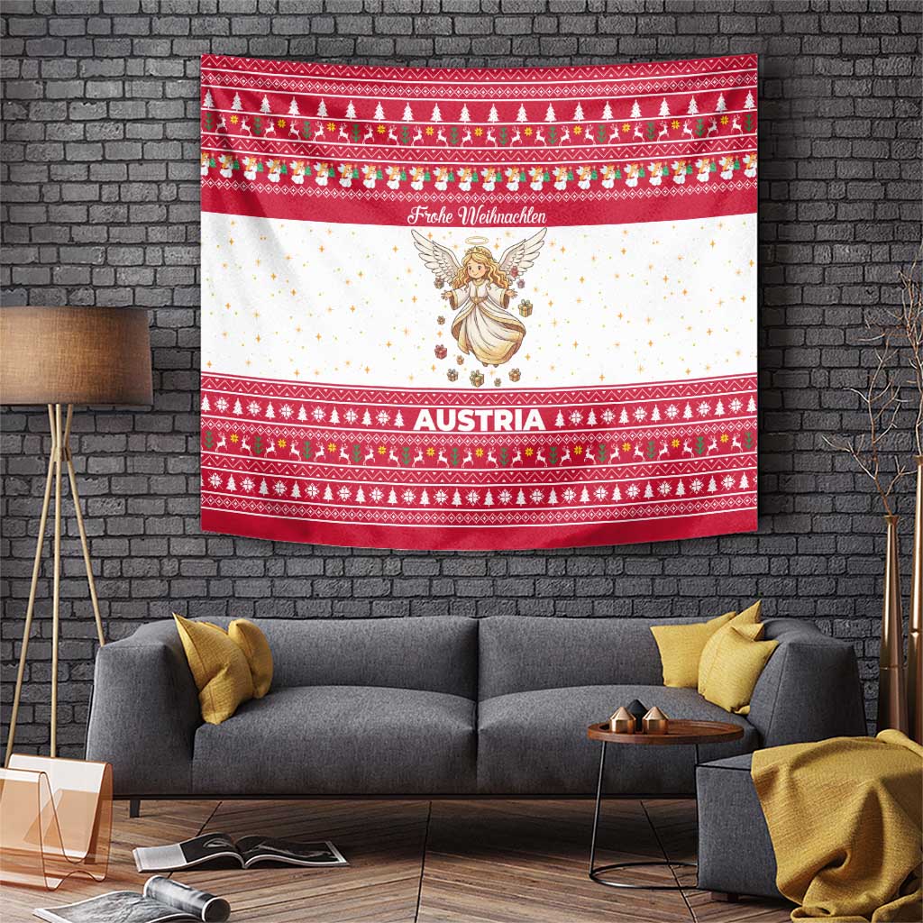 Austria Christmas Tapestry with Frohe Weihnachten Angel Design and Red White Holiday - Wonder Print Shop