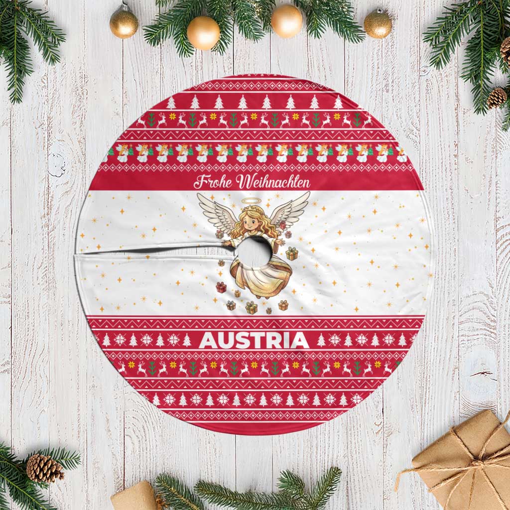 Austria Christmas Tree Skirt with Frohe Weihnachten Angel Design and Red White Holiday - Wonder Print Shop