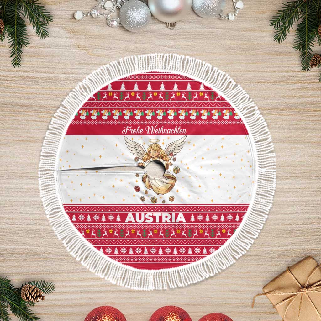 Austria Christmas Tree Skirt with Frohe Weihnachten Angel Design and Red White Holiday - Wonder Print Shop