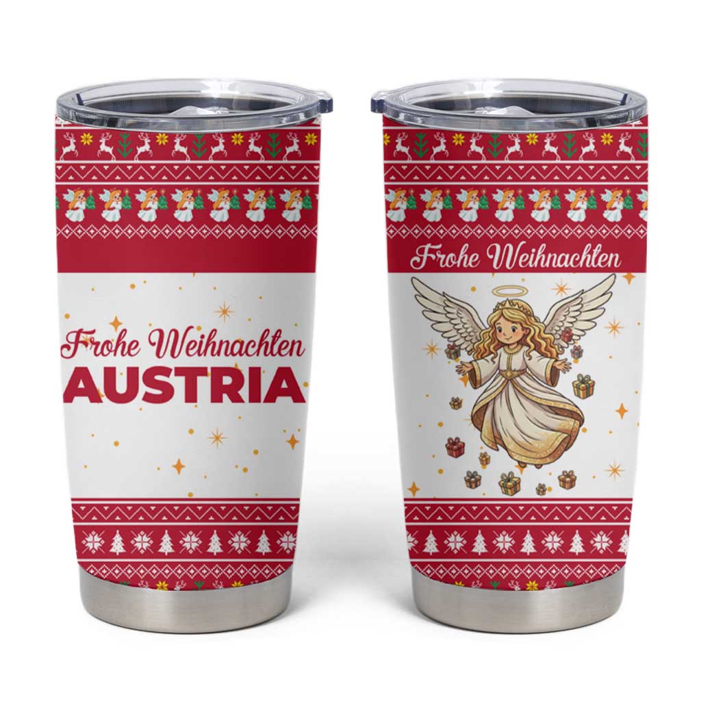 Austria Christmas Tumbler Cup with Frohe Weihnachten Angel Design and Red White Holiday - Wonder Print Shop