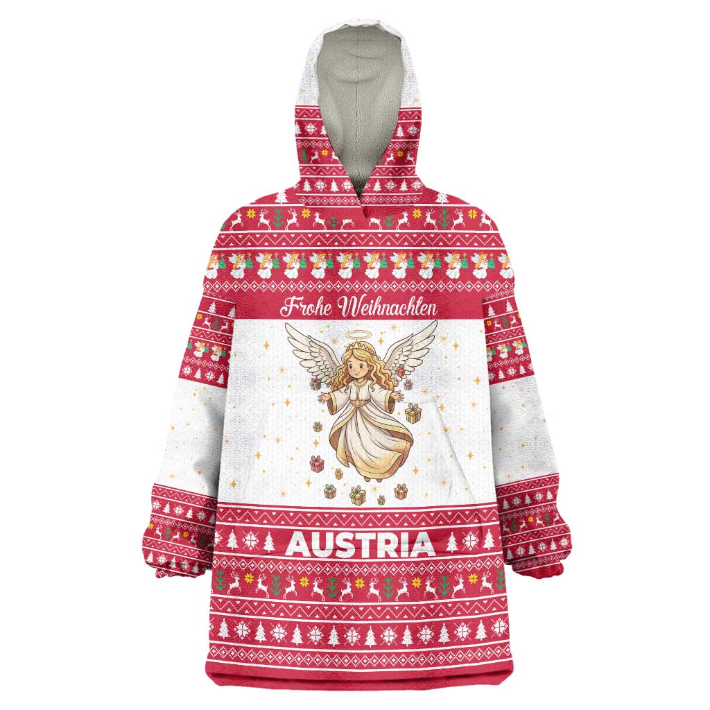 Austria Christmas Wearable Blanket Hoodie with Frohe Weihnachten Angel Design and Red White Holiday - Wonder Print Shop