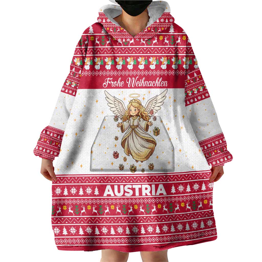 Austria Christmas Wearable Blanket Hoodie with Frohe Weihnachten Angel Design and Red White Holiday - Wonder Print Shop