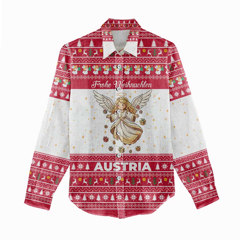 Austria Christmas Women Casual Shirt with Frohe Weihnachten Angel Design and Red White Holiday - Wonder Print Shop