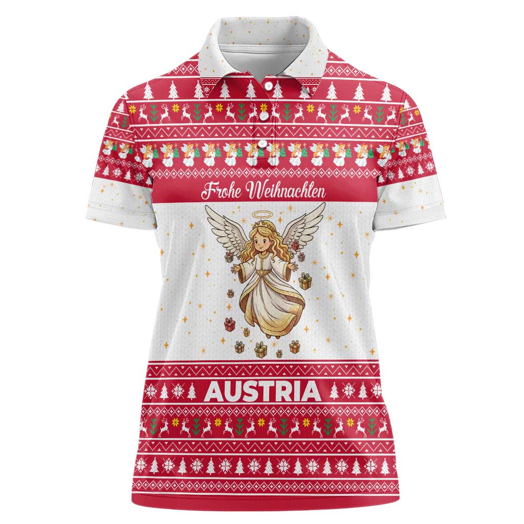 Austria Christmas Women Polo Shirt with Frohe Weihnachten Angel Design and Red White Holiday - Wonder Print Shop