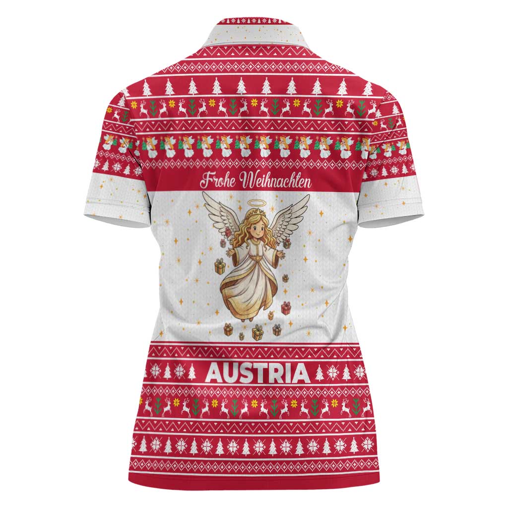 Austria Christmas Women Polo Shirt with Frohe Weihnachten Angel Design and Red White Holiday - Wonder Print Shop