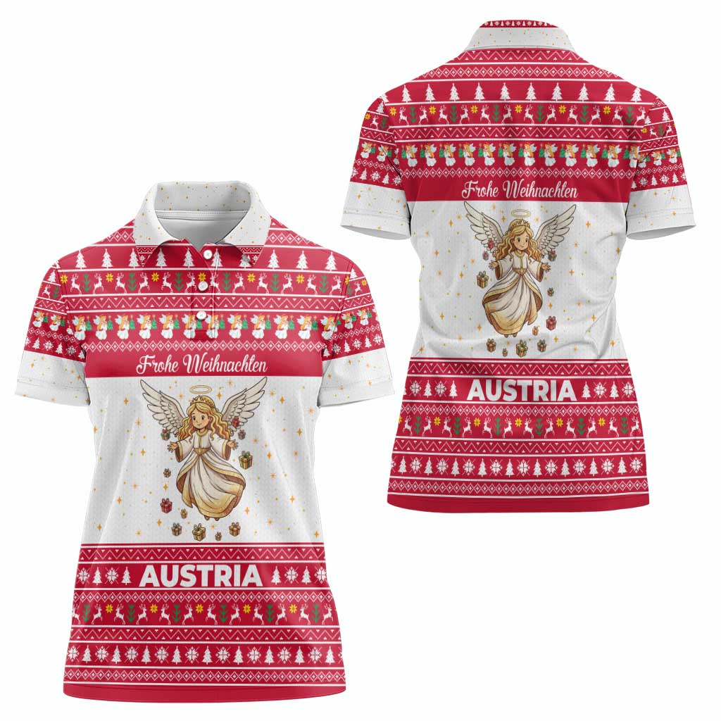 Austria Christmas Women Polo Shirt with Frohe Weihnachten Angel Design and Red White Holiday - Wonder Print Shop