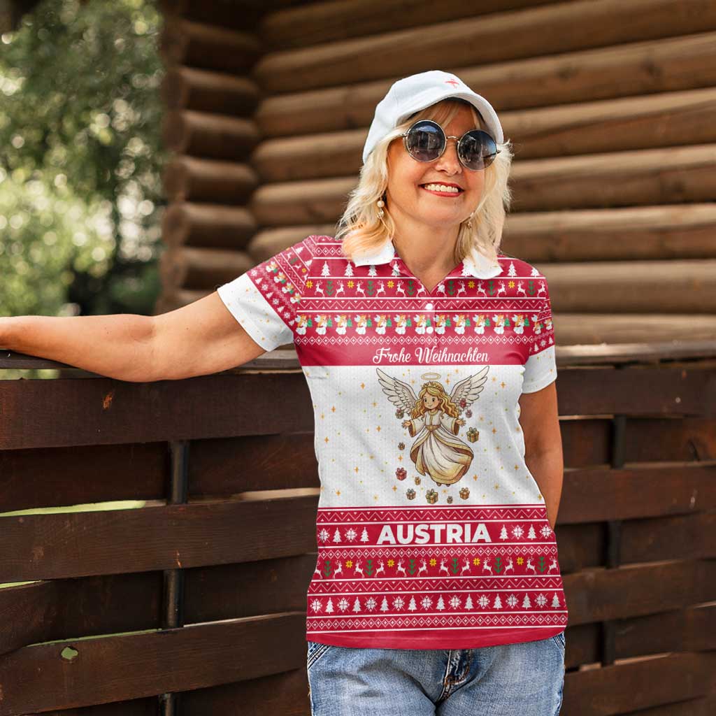 Austria Christmas Women Polo Shirt with Frohe Weihnachten Angel Design and Red White Holiday - Wonder Print Shop