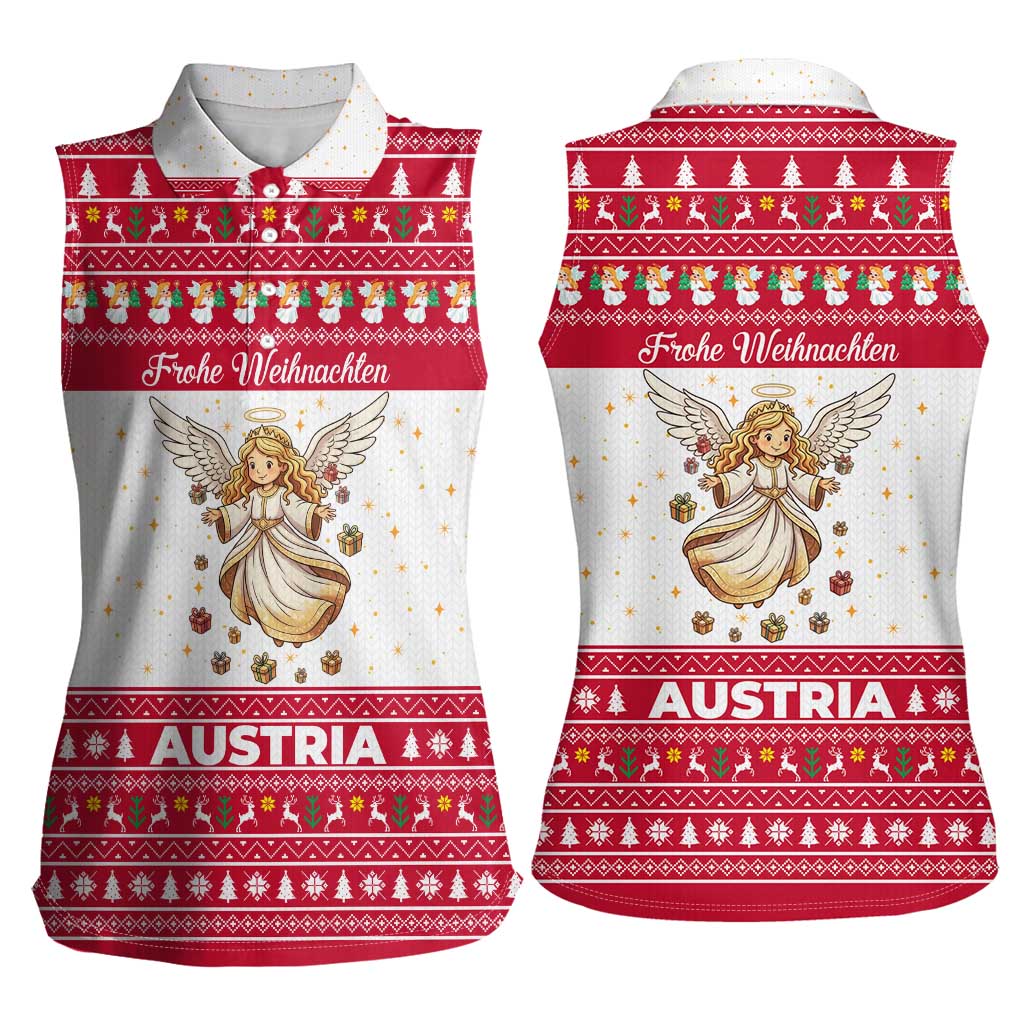 Austria Christmas Women Sleeveless Polo Shirt with Frohe Weihnachten Angel Design and Red White Holiday - Wonder Print Shop