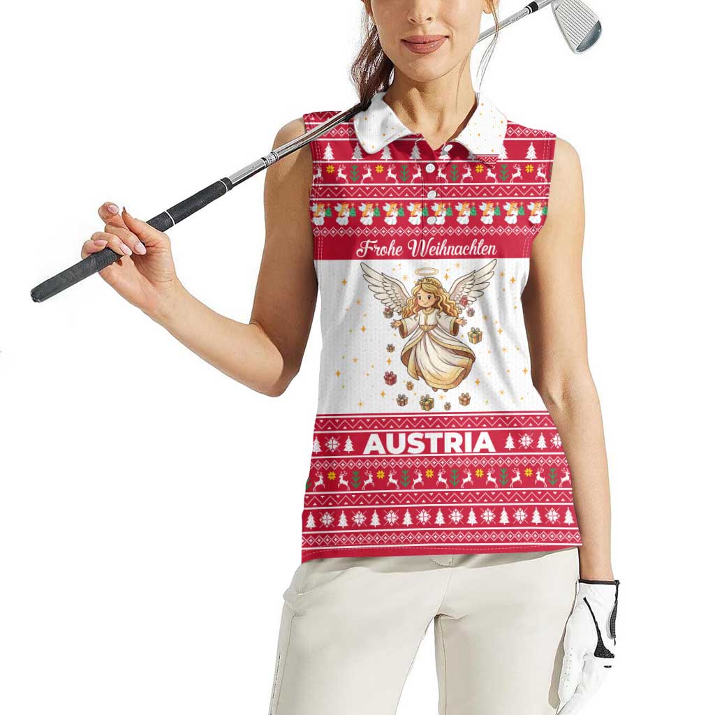 Austria Christmas Women Sleeveless Polo Shirt with Frohe Weihnachten Angel Design and Red White Holiday - Wonder Print Shop