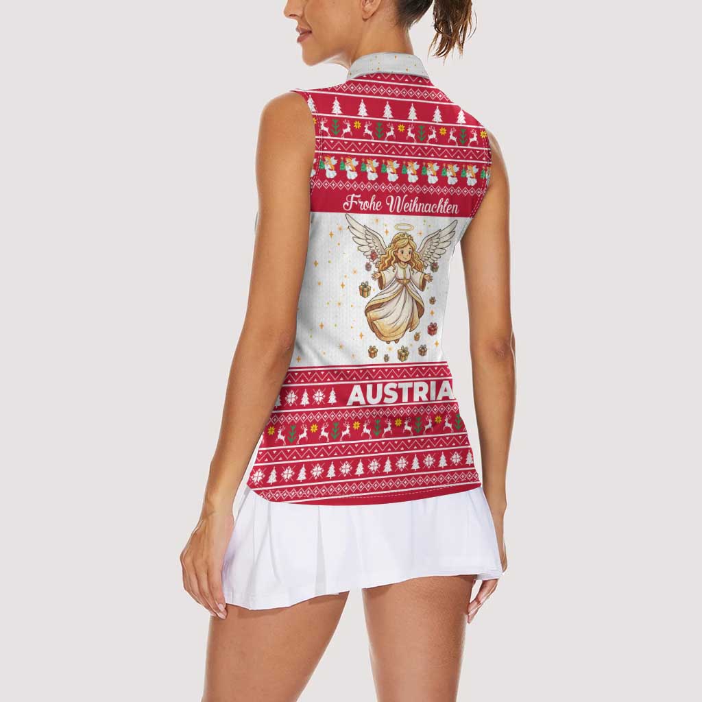 Austria Christmas Women Sleeveless Polo Shirt with Frohe Weihnachten Angel Design and Red White Holiday - Wonder Print Shop