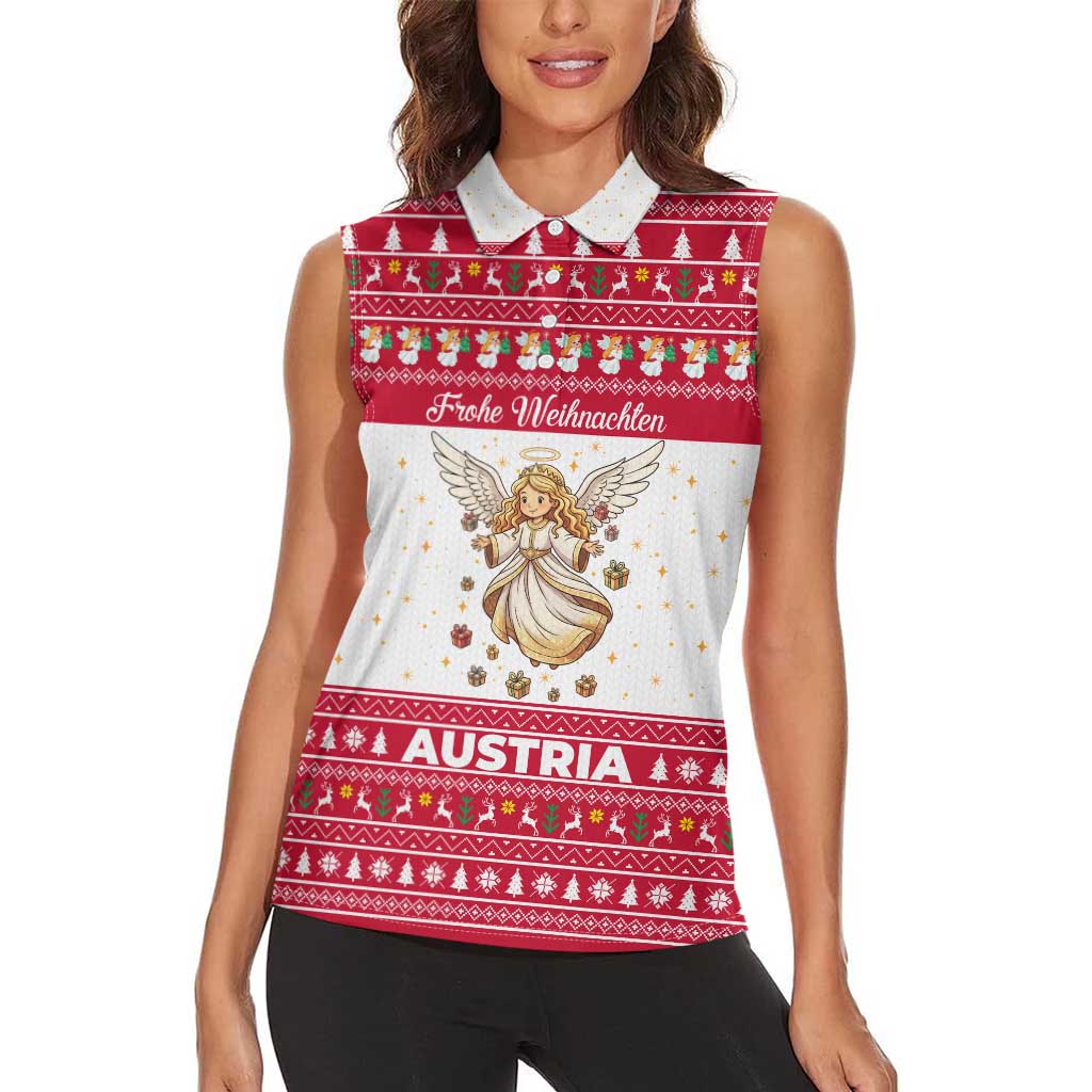 Austria Christmas Women Sleeveless Polo Shirt with Frohe Weihnachten Angel Design and Red White Holiday - Wonder Print Shop