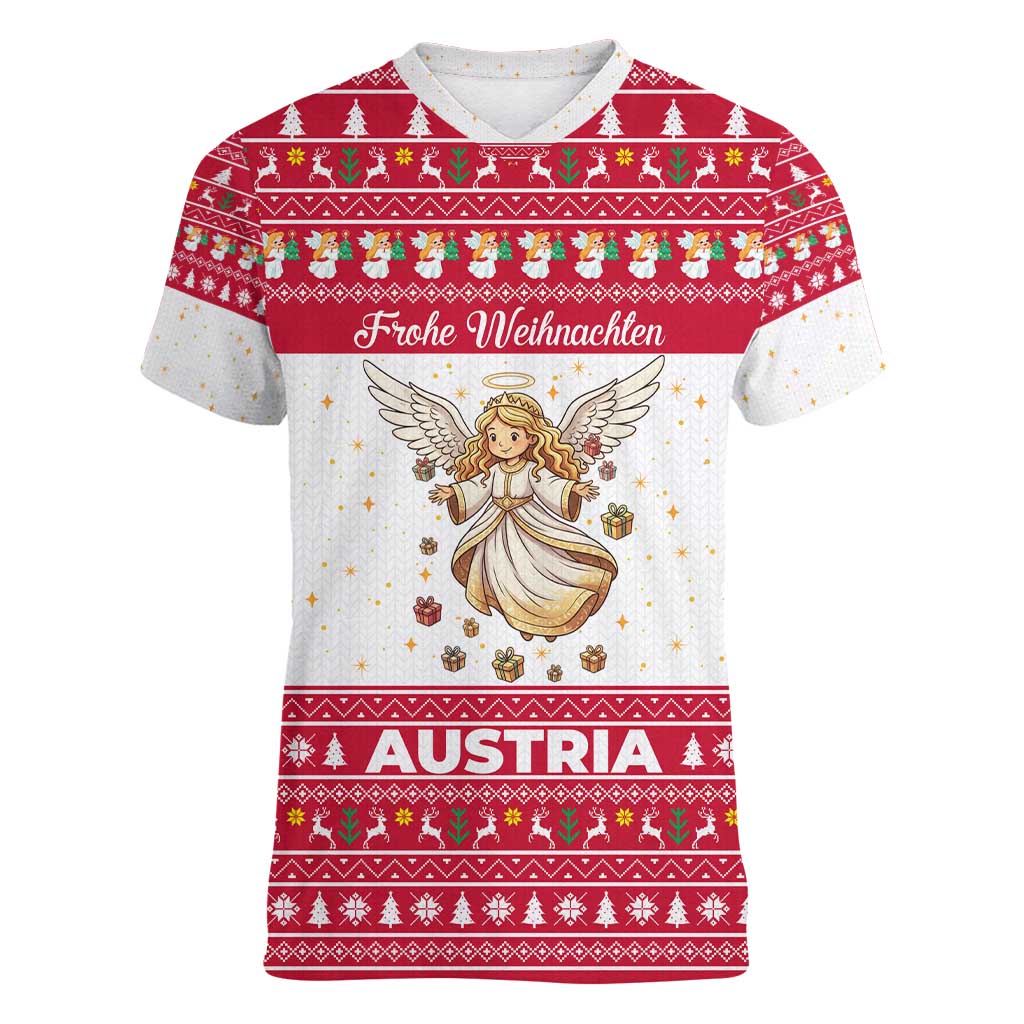 Austria Christmas Women V-Neck T-Shirt with Frohe Weihnachten Angel Design and Red White Holiday - Wonder Print Shop
