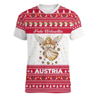Austria Christmas Women V-Neck T-Shirt with Frohe Weihnachten Angel Design and Red White Holiday - Wonder Print Shop